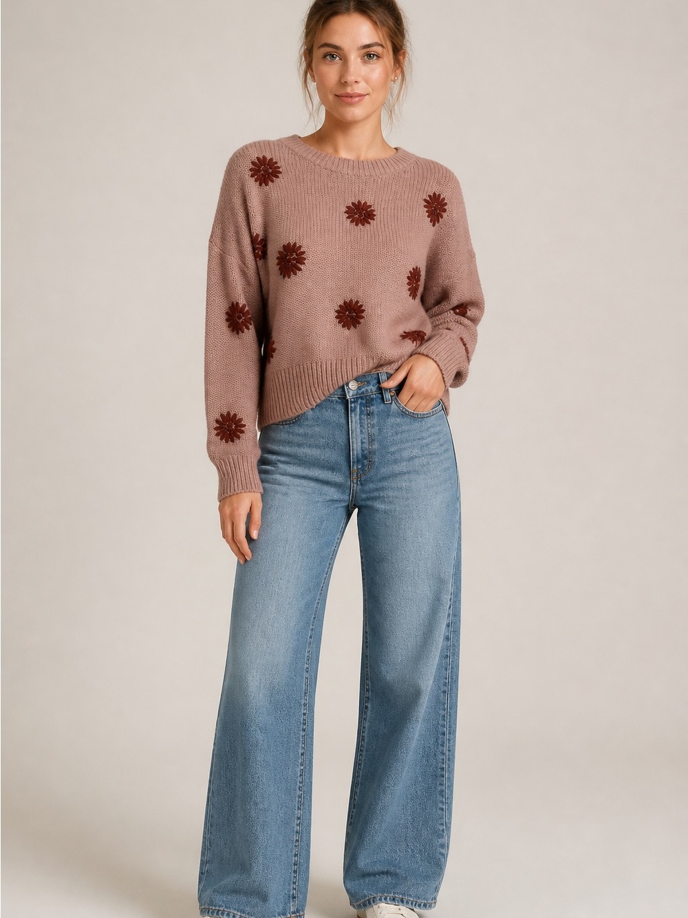 Madewell Embroidered Flowers Pullover Long Sleeve Wool Bend Women's XXL Sweater